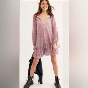 New Free People Jenny Crushed Velvet Swing Dress Purple Long Sleeve Size Small